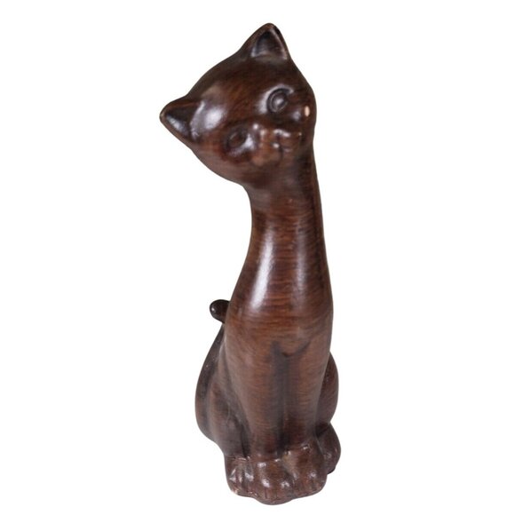 Ceramic Cat Figurine Statue Brown Tilted Head Long Neck Vintage MCM - Picture 1 of 9